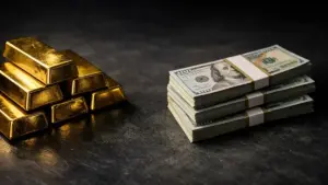 شمش‌های طلا در کنار اسکناس دلار