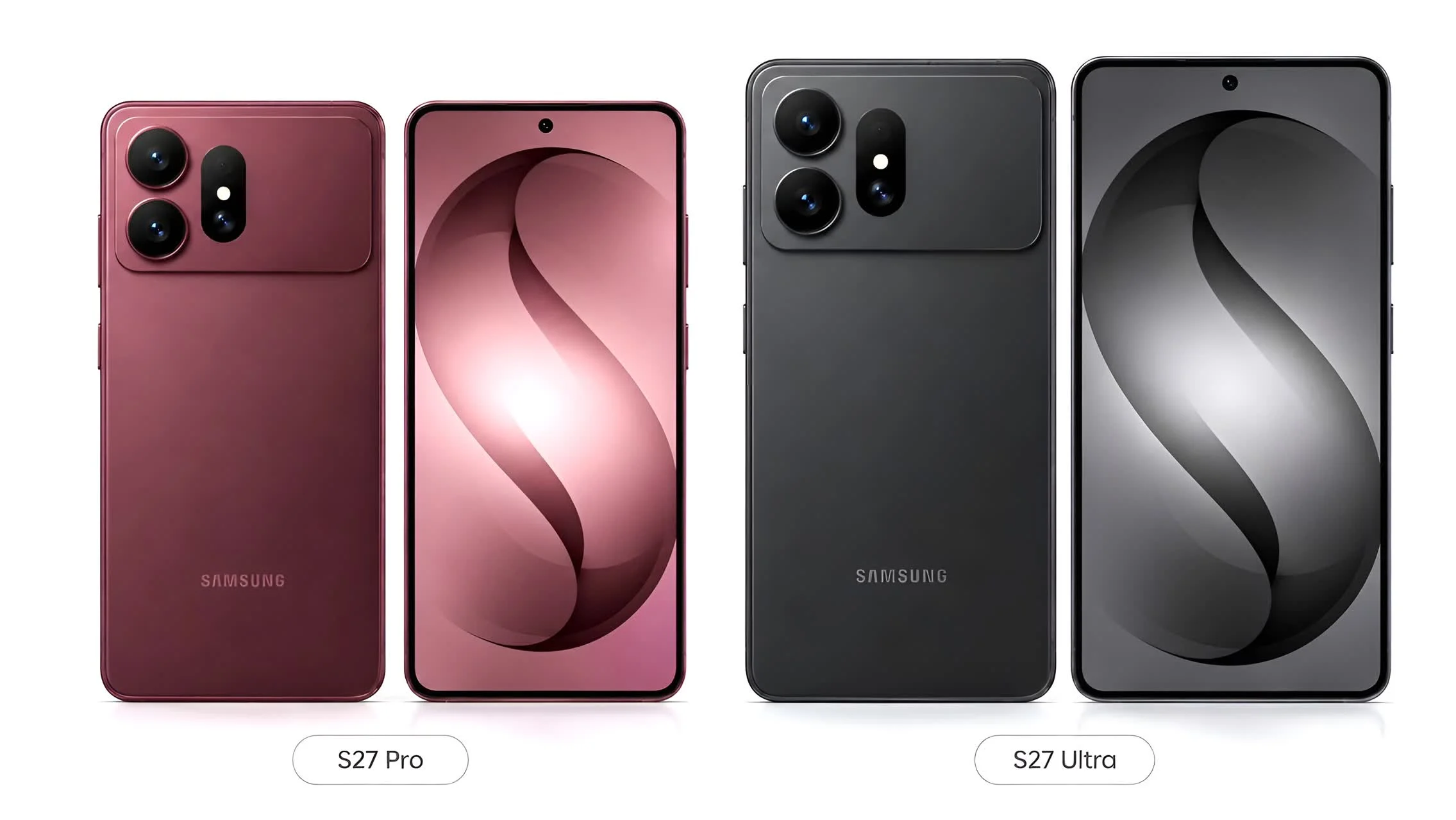 Side-by-side Samsung S27 Pro (red) and S27 Ultra (gray) smartphones, showing rear camera modules and tall edge-to-edge displays on both.