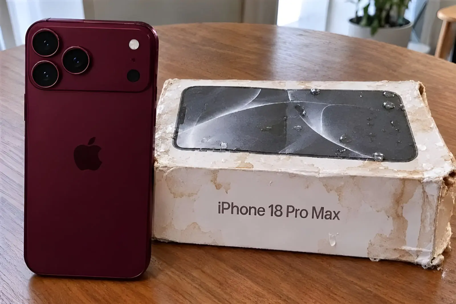 گوشی قرمز رنگ آیفون ۱۸ پرو مکس (iPhone 18 Pro Max) در کنار جعبه آسیبدیده از آب